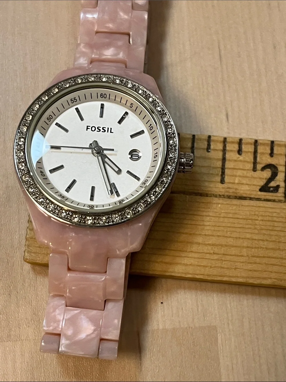 Fossil ES2688 Pave Bezel White Face Analog Watch & Pink Pearly Plastic Band